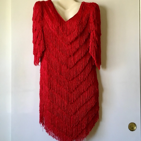 Vintage Nightworks Fringe Flapper Style Fire Red Dress - Picture 1 of 9